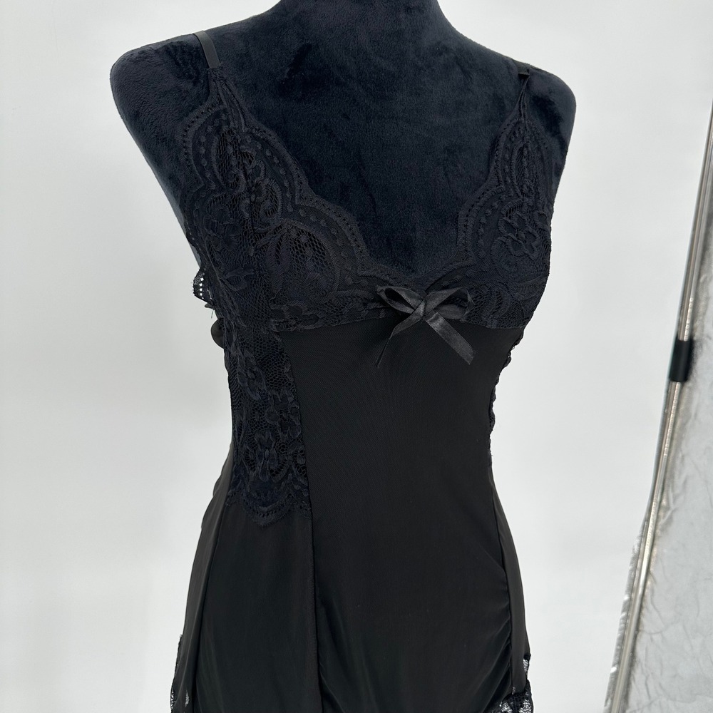 Black Mesh Lace Cami Mini Dress Lingerie Sexy Feminine Babydoll 2 piece Small - Picture 3 of 9